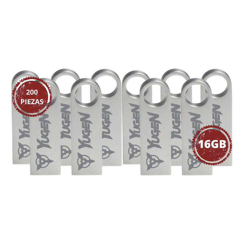 Pack 200 Memorias Usb 16gb Yugen Metálica Plateado Usb 2.0 Metal