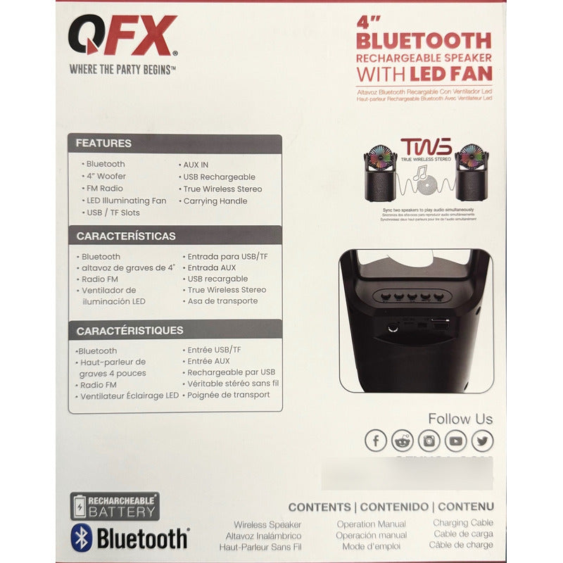 Bocina Recargable Bluetooth Fm Ventilador 4 Usb Sd Tipo C Negro