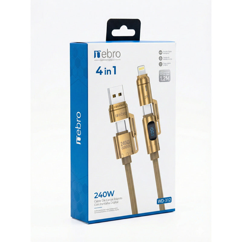 Cable Carga Rápida 4 En 1 240w Pantalla Usb-c Lightning 1.2m Dorado Oscuro