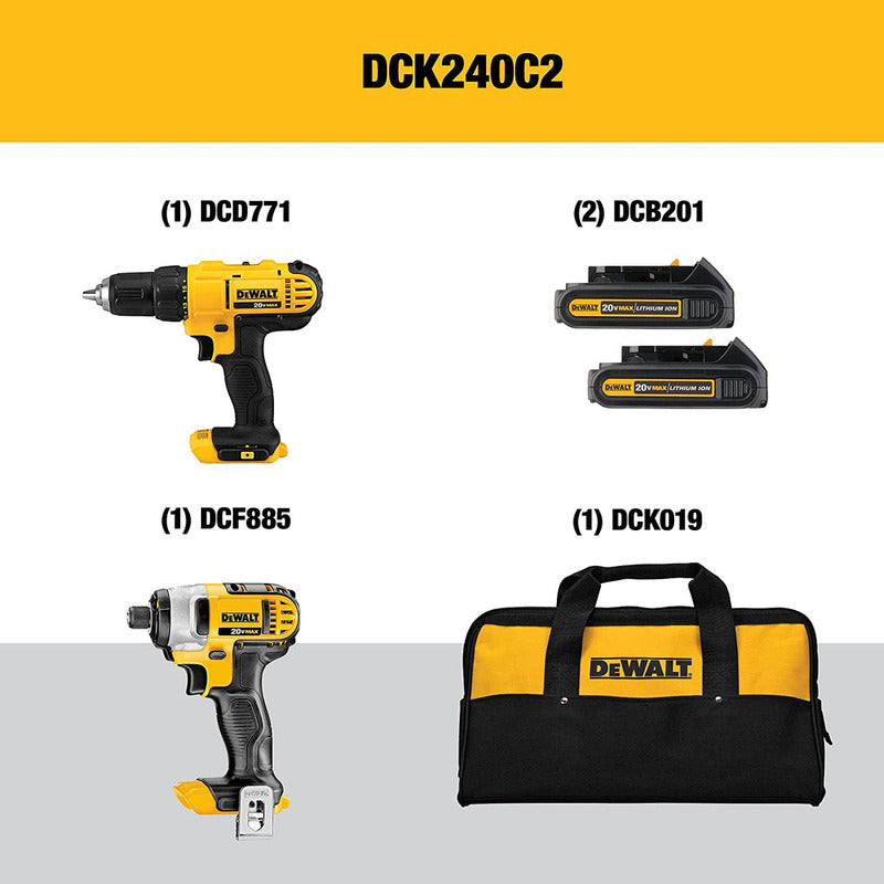 Kit Taladro, Atornillador, Batería, Cargador Dewalt Dck240c2 Amarillo