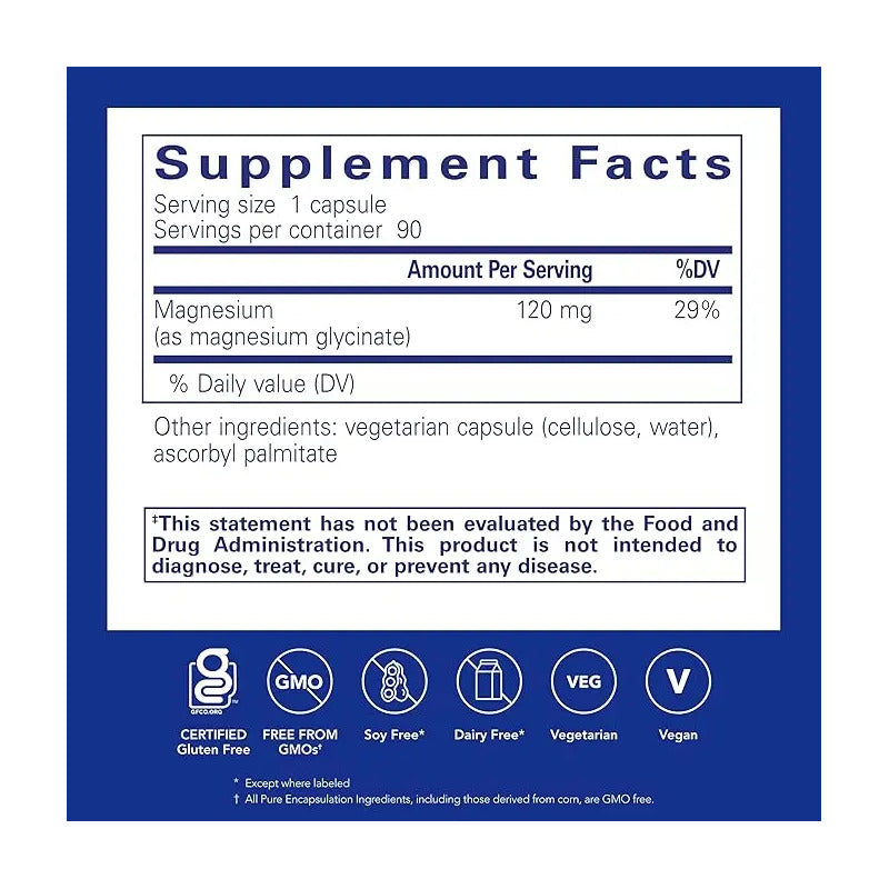 Glicinato De Magnesio Pure Encapsulations Alta Absorción Sin Sabor 90 Cápsulas