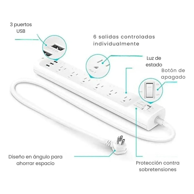 Regleta Kasa Smart Hs300 6 Tomas Inteligentes 3 Usb Blanco 125 V